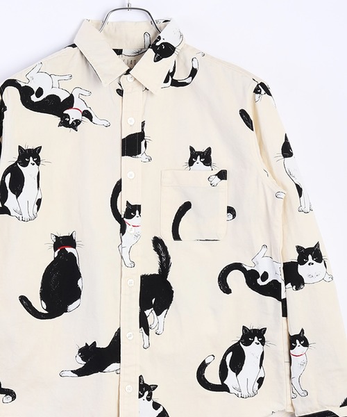 WESTSEA シャツ 日本製 ネコ柄 長袖レギュラーシャツ／猫柄