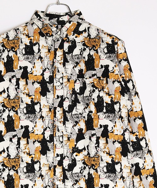 WESTSEA（ウエストシー） シャツ 日本製 ネコ柄 長袖レギュラーシャツ