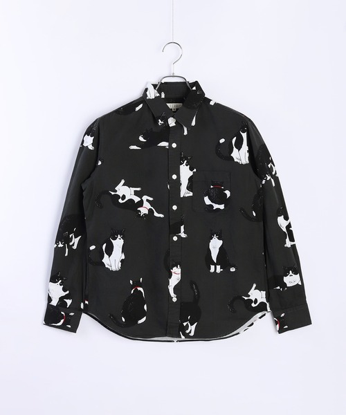 WESTSEA（ウエストシー） シャツ 日本製 ネコ柄 長袖レギュラーシャツ