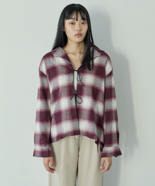 ブラウス シャツ check ribon open shirt レディース