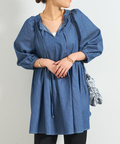 45R 試着のみ　デニム チュニック ブラウス　今年2月購入 un dix cors ブラウス シャツ 前後2WAYデニムチュニック