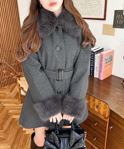 moment+ ステンカラーコート コート ファーティペット付きミドル丈