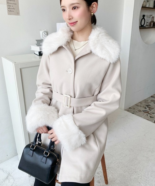 moment+ ステンカラーコート コート ファーティペット付きミドル丈