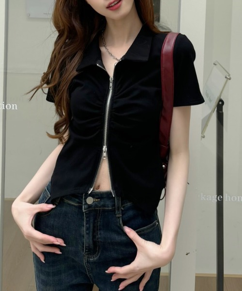 Ada. tシャツ ダブルジップ ギャザーデザイン 襟付きカットソー