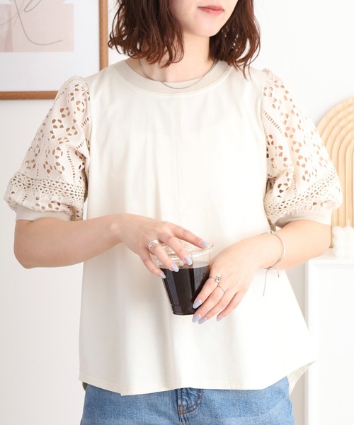 tシャツ BRODIAEA 袖レース切り替えバックスリット5分袖カットソー レディース