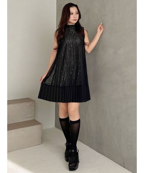 美品 SUPER LADY ボトルネック 配色 ミニ ワンピース クロ グレー ミニワンピース ワンピース フレアワンピース[品番：KH000013250