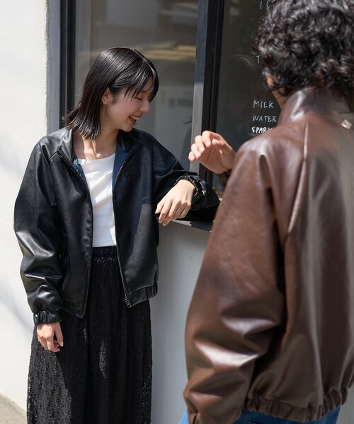 FREAK'S STORE スタジャン ウール レザー ブラック FREAK'S STORE ブルゾン アウター 「べストセラー」フェイク
