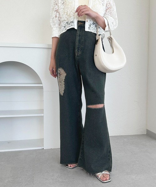 「apres jour」 ダメージ加工デニムパンツ MEDIUM ダークインディゴブルー レディース_画像3