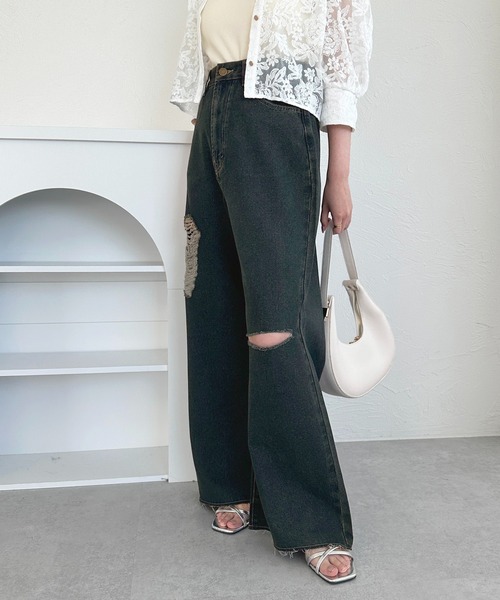 「apres jour」 ダメージ加工デニムパンツ MEDIUM ダークインディゴブルー レディース_画像4