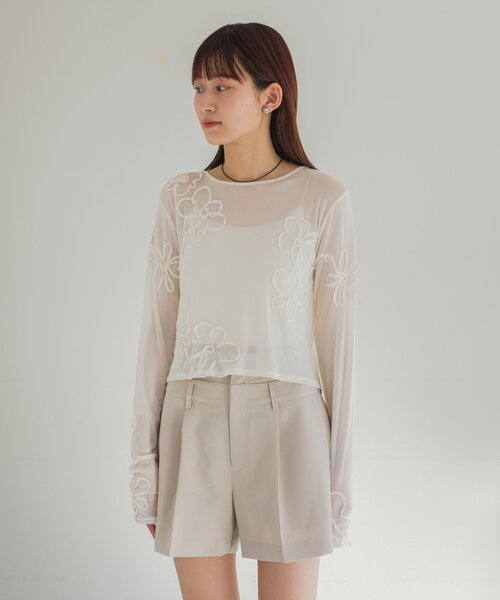 Kastane（カスタネ） tシャツ フラワーコード刺繍シアーTOPS