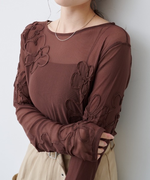 Kastane（カスタネ） tシャツ フラワーコード刺繍シアーTOPS