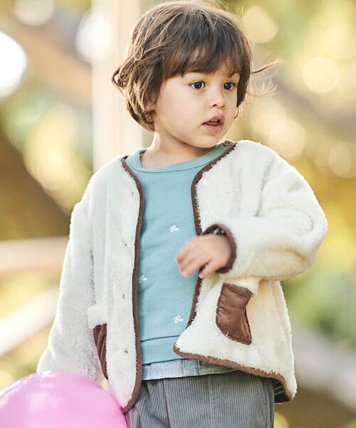 BeBe（ベベ） ノーカラージャケット アウター ボア裏ボーダーノー