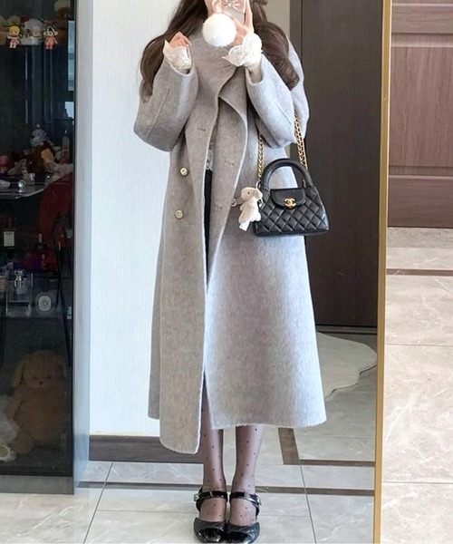 コート アウター スタンドカラーダブルボタンロングコート レディース