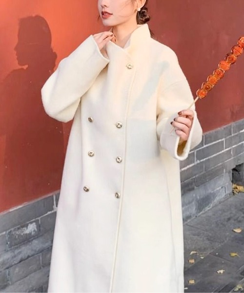コート アウター スタンドカラーダブルボタンロングコート レディース