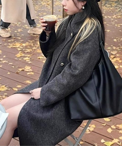 コート アウター スタンドカラーダブルボタンロングコート レディース