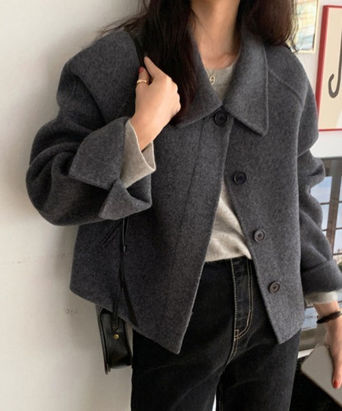 ジャケット テーラードジャケット ウール調ワイドカラーショート丈