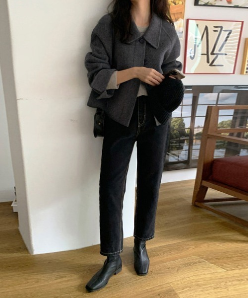 ジャケット テーラードジャケット ウール調ワイドカラーショート丈