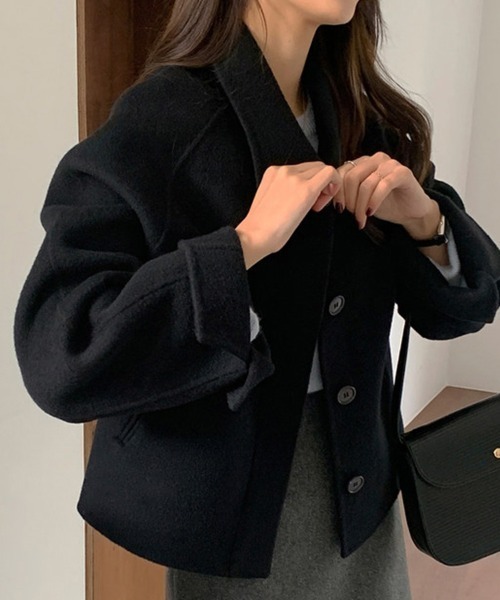 ジャケット テーラードジャケット ウール調ワイドカラーショート丈