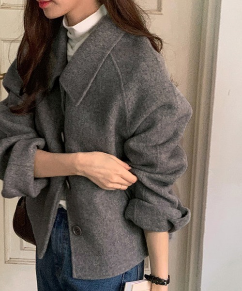 ジャケット テーラードジャケット ウール調ワイドカラーショート丈