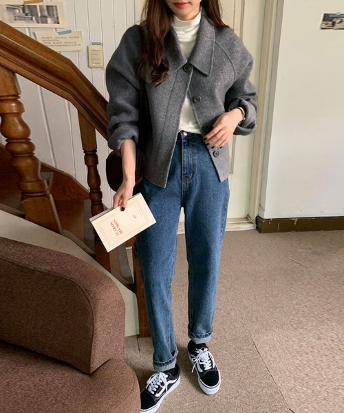 ジャケット テーラードジャケット ウール調ワイドカラーショート丈