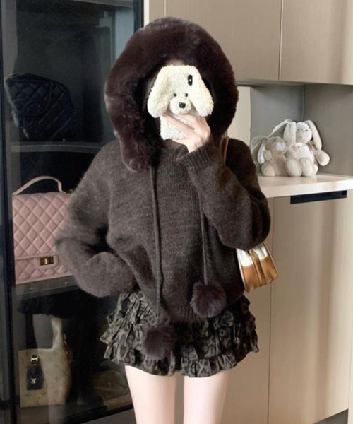 【新品】TIARA FOX2WAYパールボタンニット　ファーニット　グレー 新品】TIARA FOX2WAYパールボタンニット ファーニット グレー