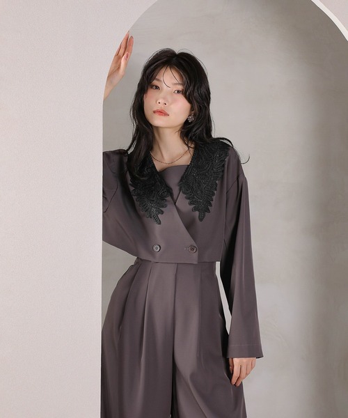 Kana パンツドレス レース ビッグカラー ショート ジャケット ワイド