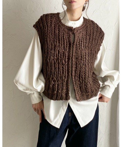 希少 45R ハンドニット 手編み カシミヤ混 ボレロ ポンチョ ベスト She's Closet ベスト ジレ ローゲージざっくり手編みハンドニット