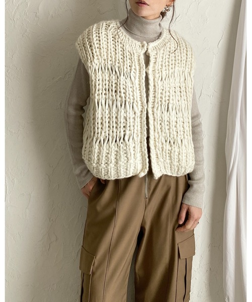 She's Closet ベスト ジレ ローゲージざっくり手編みハンドニット