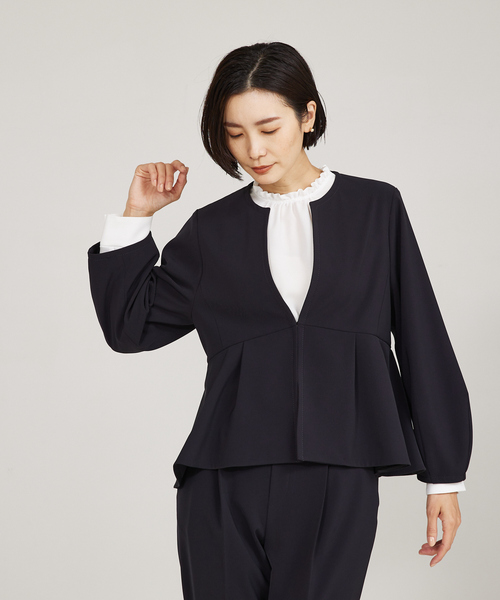 「qualite」 ノーカラージャケット 38 ネイビー レディースの画像