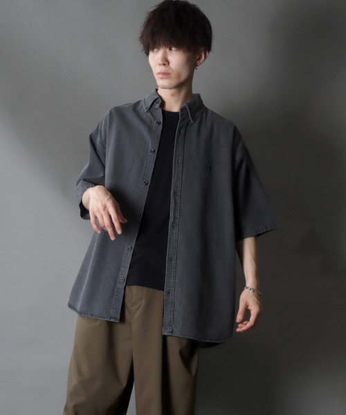 メンズ 総柄シャツ ドロップショルダー オーバーサイズ G00231 SITRY シャツ Oversize Drop shoulder Stretch shirt/オーバー