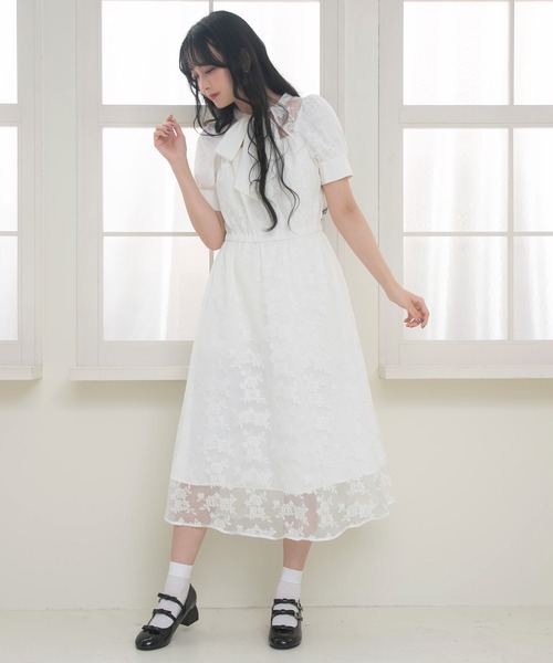 Newlyme（ニューリーミー） ワンピース 半袖 総レースリボン半袖