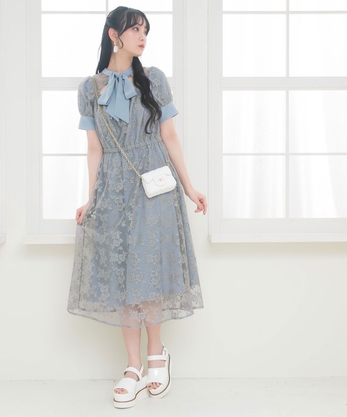 Newlyme（ニューリーミー） ワンピース 総レースリボン半袖ワンピース