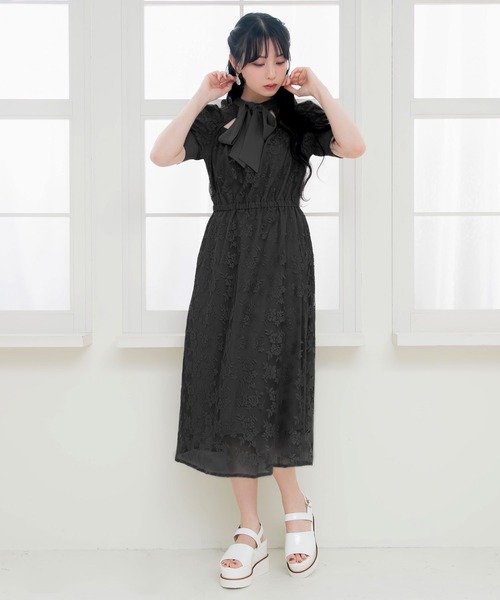 Newlyme（ニューリーミー） ワンピース 総レースリボン半袖ワンピース