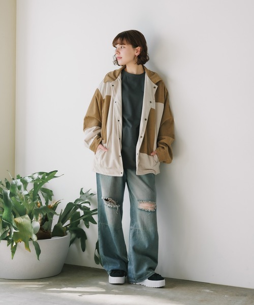 韓国 ジャケット アウター コーデュロイ パッチワーク 切り替え メンズ ブルゾン 襟コーデュロイ 切替 ビッグ シルエット 2way