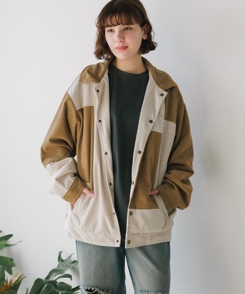 韓国 ジャケット アウター コーデュロイ パッチワーク 切り替え ROOP TOKYO カバーオール パターン切替コーデュロイジャケット