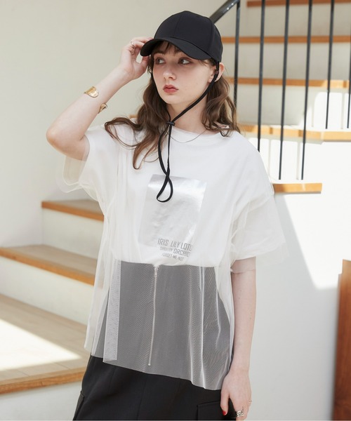 ANGIE tシャツ チュールレイヤードメタリックTシャツ（半袖