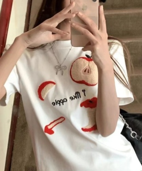tシャツ Apple Core Sketch T レディース Achic tシャツ リンゴ刺しゅう柄Tシャツ レディース : ZOZOTOWN