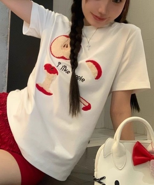 tシャツ ライティングロゴ刺しゅうTシャツ レディース Achic tシャツ リンゴ刺しゅう柄Tシャツ レディース : ZOZOTOWN