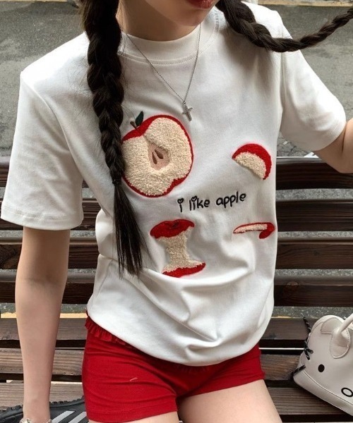tシャツ Apple Core Sketch T レディース Achic tシャツ リンゴ刺しゅう柄Tシャツ レディース : ZOZOTOWN