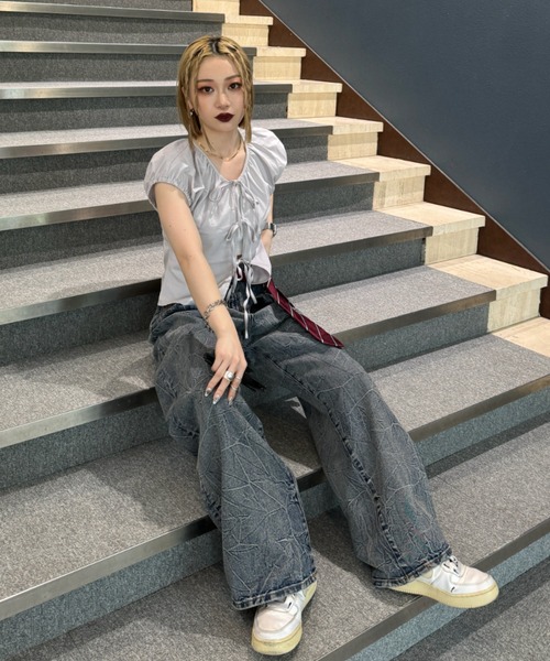 ブラウス シャツ フロントリボンフレンチスリーブシャツブラウス レディース フロントリボンフレンチスリーブシャツブラウス｜ACLENT