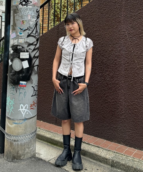 ブラウス シャツ フロントリボンフレンチスリーブシャツブラウス レディース フロントリボンフレンチスリーブシャツブラウス｜ACLENT
