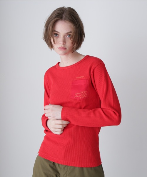 tシャツ LS COLOR STITCH EMB WAFFLE T-SHIRT/カラーステッチ刺繍ワッフルTシャツ レディース