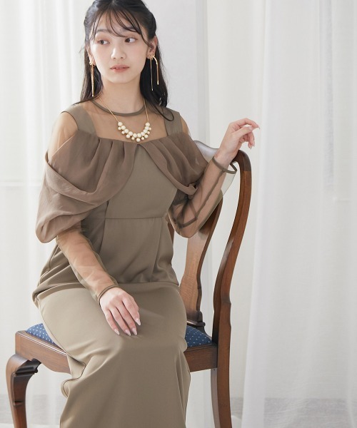 オーガンジードレープパフスリーブマーメイドシルエットドレス美脚効果ドレス結婚式 セール】【LEJA】オーガンジードレープパフスリーブマーメイド