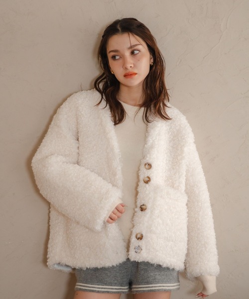 nugu Vネックボアジャケット BLACK beige Vネックボアオープンジャケット | ファッション通販サイト NUGU