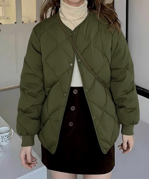 ジャケット ノーカラージャケット 中綿入りノーカラーキルティング