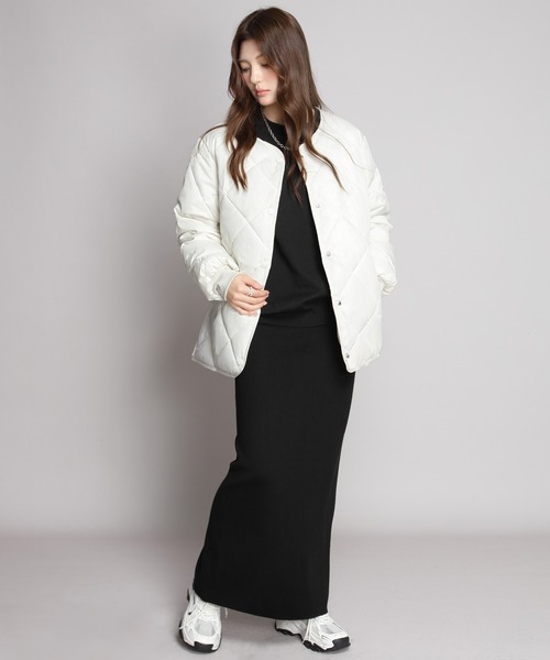 ジャケット ノーカラージャケット 中綿入りノーカラーキルティング