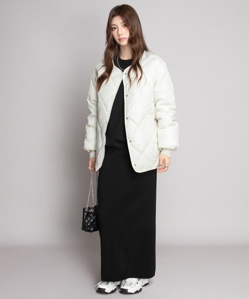 ジャケット ノーカラージャケット 中綿入りノーカラーキルティング