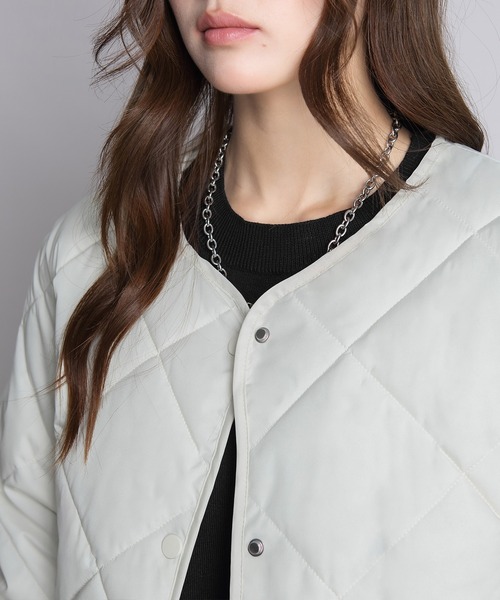ジャケット ノーカラージャケット 中綿入りノーカラーキルティング