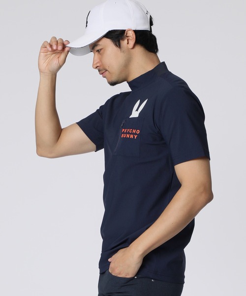 サイコバニー モックネックシャツ 半袖 春夏 ウエア M メンズ 青 ゴルフ Psycho Bunny tシャツ 「GOLF」 ポケットバニー モックネックT