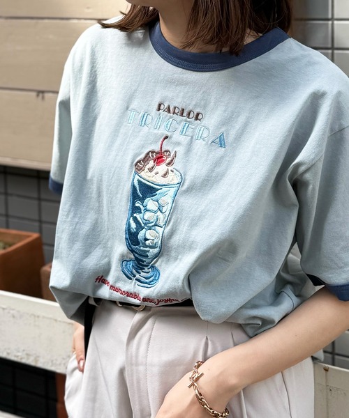 DOUBLE NAME tシャツ PARLOR刺しゅうリンガーTEE レディース